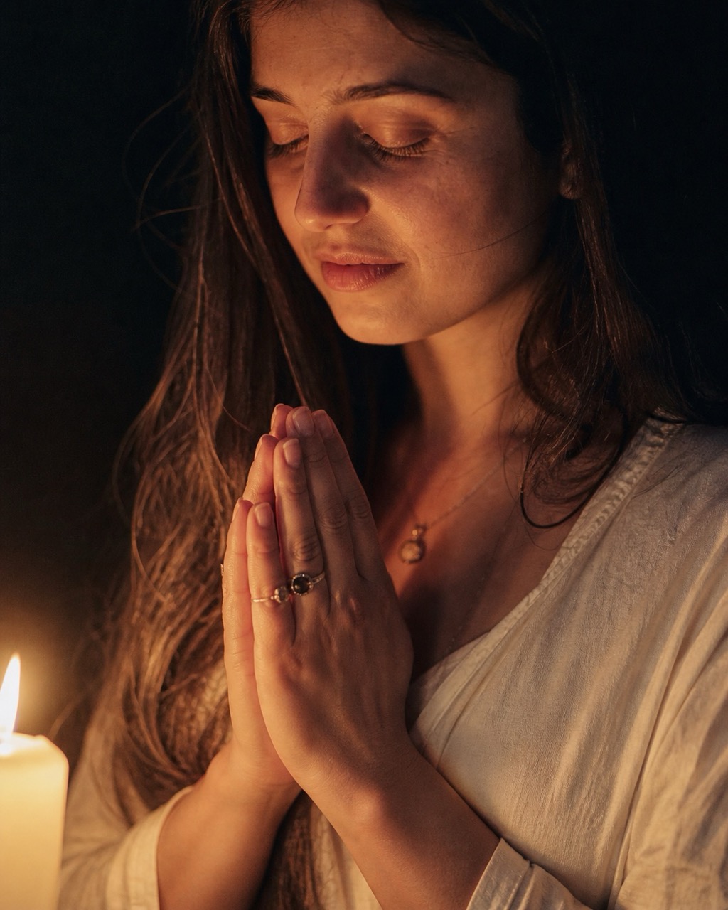 Hands in prayer by candlelight